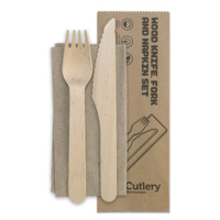 Biodegradable Wooden Birchwood 16cm Knife, Fork & Napkin Set (Paper Wrapper) - Box of 400 (+100 FREE