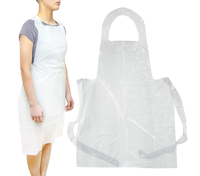 Disposable White Plastic Kitchen Aprons One Size Fits All - PACK=100 / BOX=500