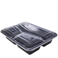 3 Compartment Plastic Takeaway Container Black Base / Clear Lid Microwave Safe - Sets of 150 (Base a