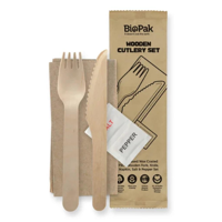 Biopak Natural Wooden Cutlery Set with Knife, Fork, Spoon, Napkin, Salt & Pepper Set (Paper Wrapper)