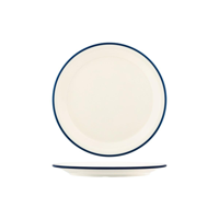 JAB VINTAGE CREAM/BLUE RIM ENAMEL LOOK ROUND PLATE 255mm (*49931*) = PACK OF 6 X EACHES