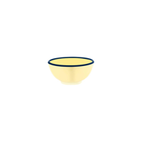 JAB VINTAGE YELLOW/BLUE RIM ENAMEL LOOK ROUND BOWL 125x60mm (*49925*) = PACK OF 6 X EACHES